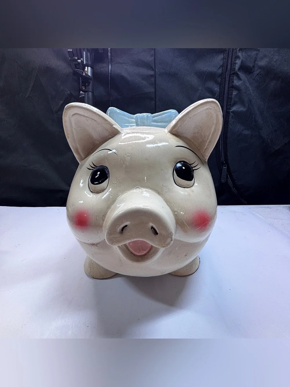 Vtg Ceramic Pottery Pig Piggy Bank  1940s 50s Large Blue Bow Grandma Country